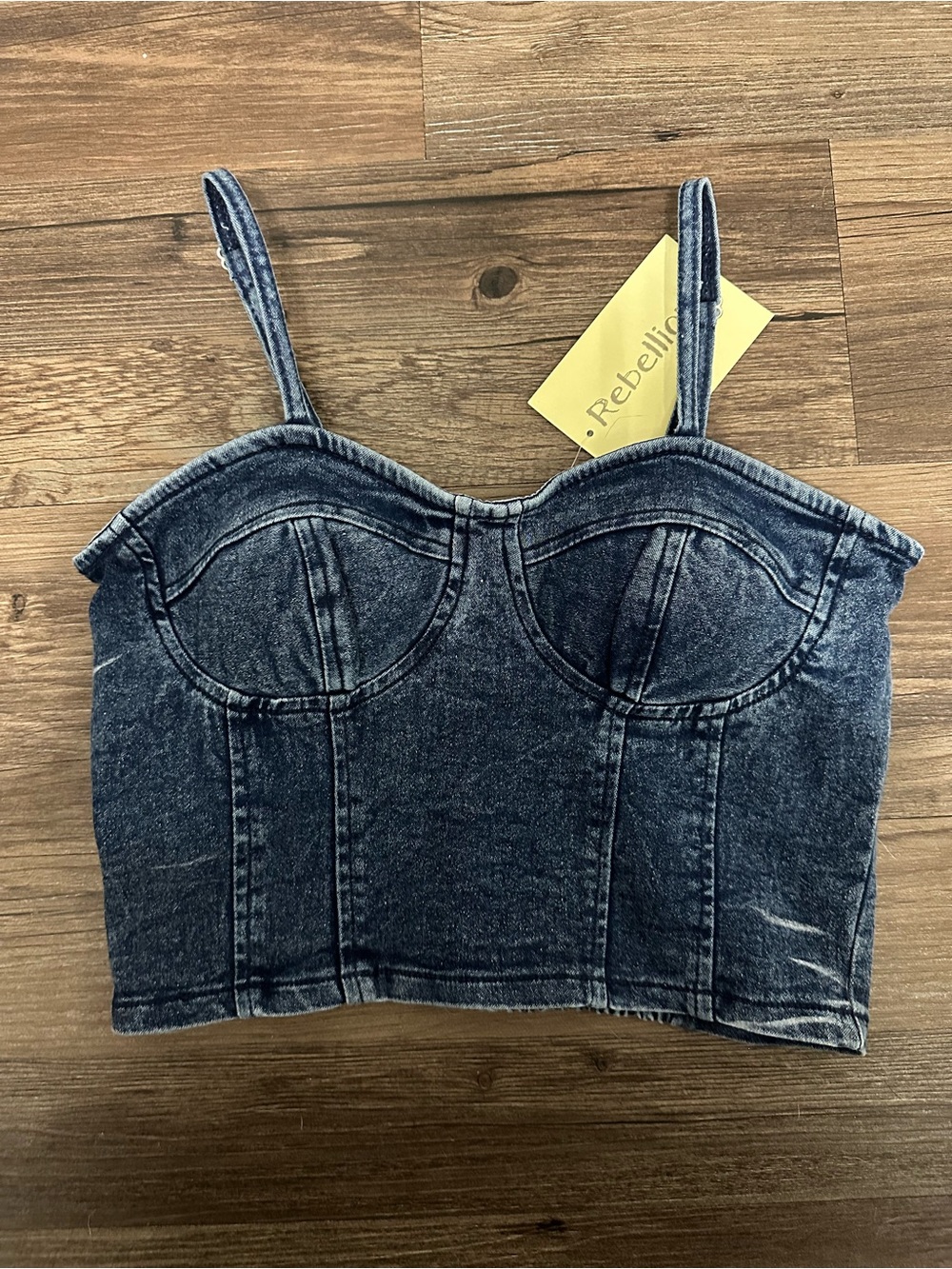 Rebellion Again Blue Denim Bustier Crop Top in Washed Blue Size Small